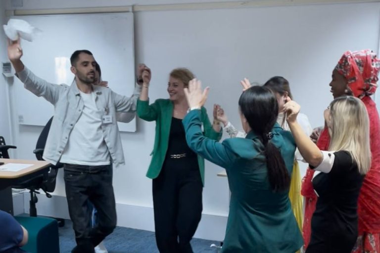 An impromptu Albanian dance by Albanians and volunteers.